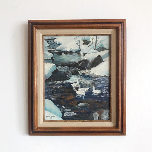 Vintage Original Painting, Winter Ducks