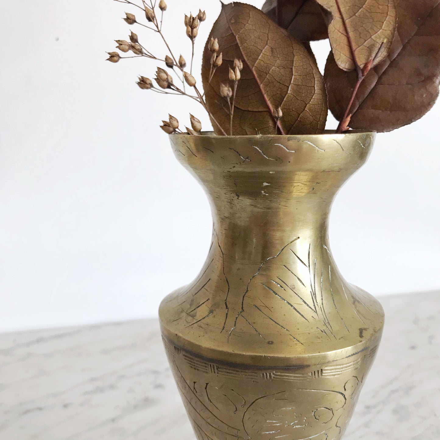 Large Vintage Etched Brass Flower Vase, 8”