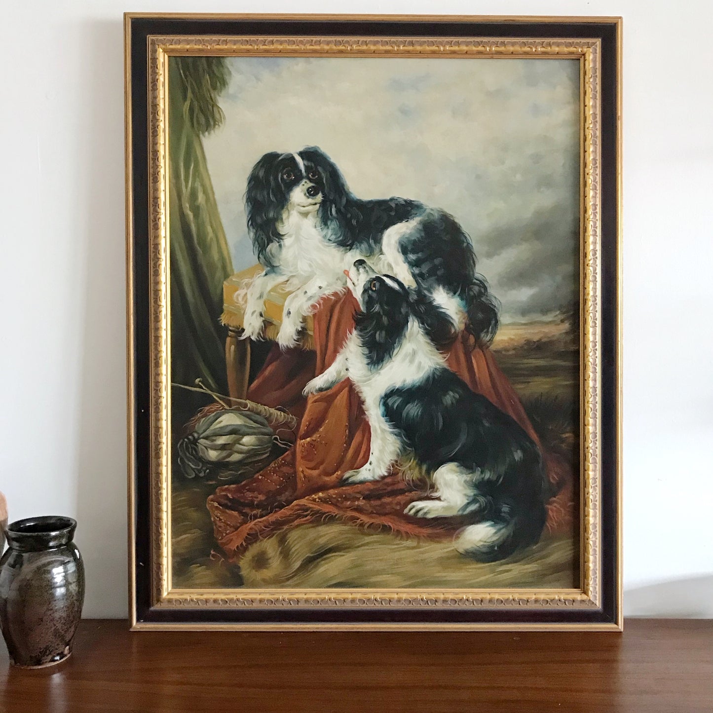 XL Vintage Framed Oil Painting of Spaniels (33.5 x 41.5)
