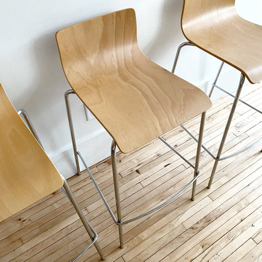 S/3 Contemporary Wood + Chrome Bar Stools