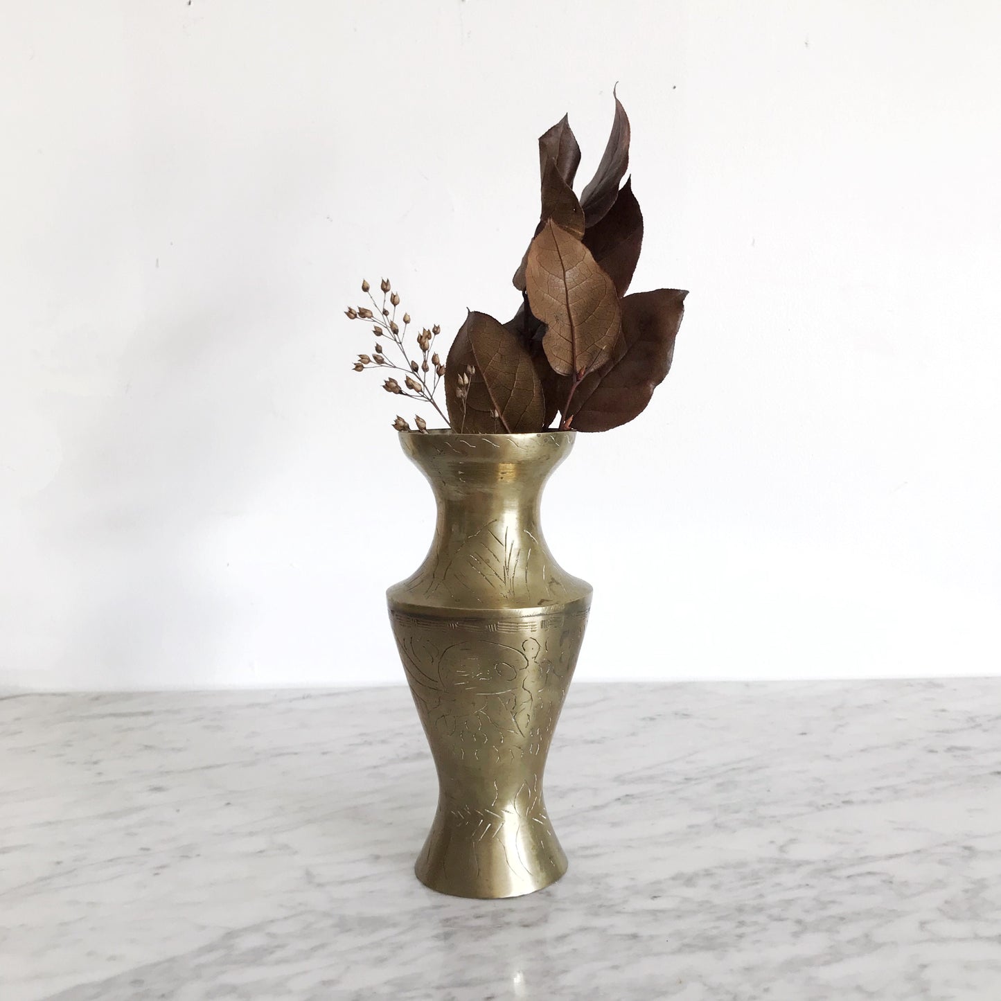 Large Vintage Etched Brass Flower Vase, 8”