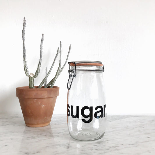 Vintage Glass Sugar Jar with Typography