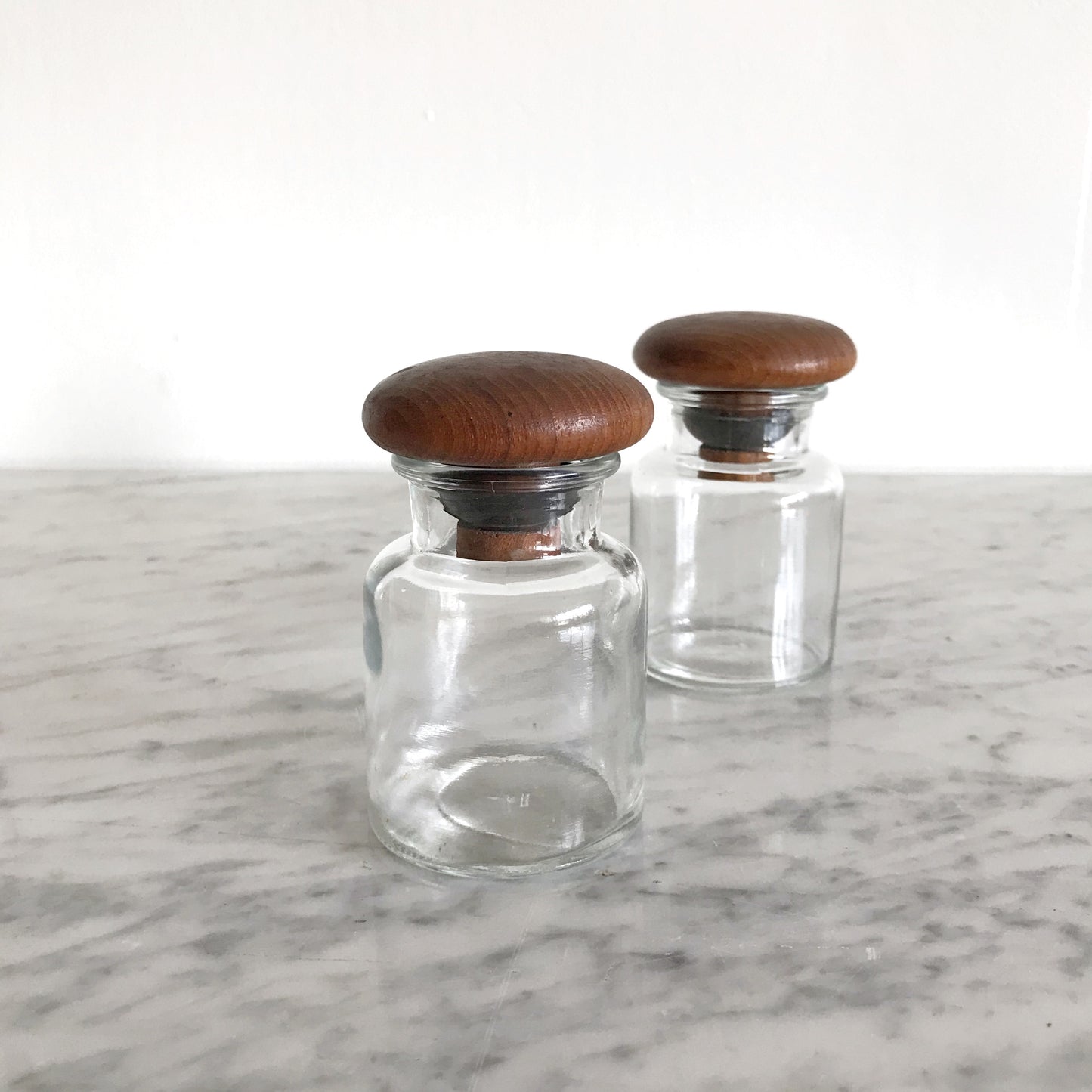 Pair of Vintage Glass Jars w Wooden Tops