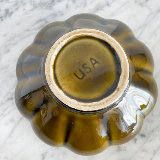 Vintage Ceramic Scalloped Planter in Olive