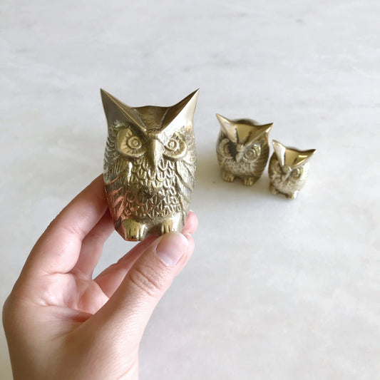 Vintage Brass Owl Family Trio