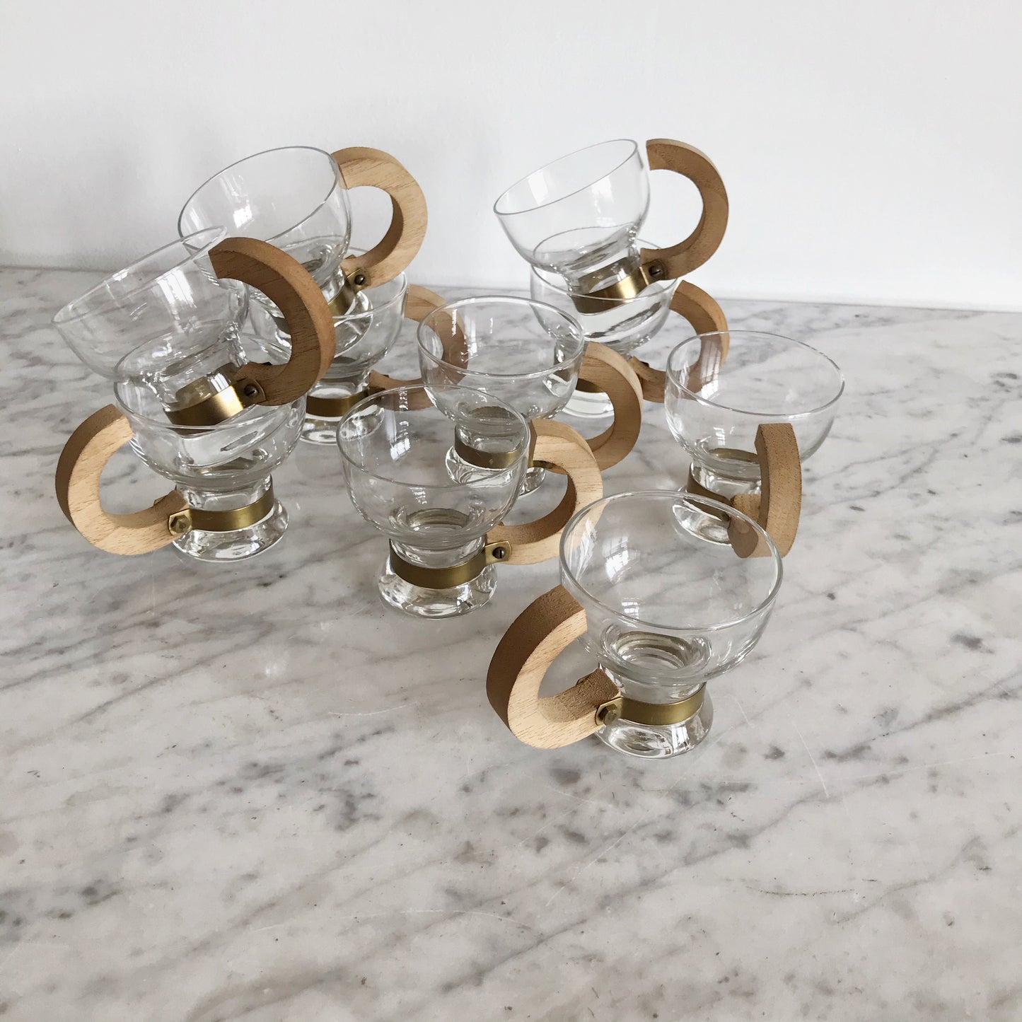 Set of 10 Glass Espresso Cups with Wooden Handles