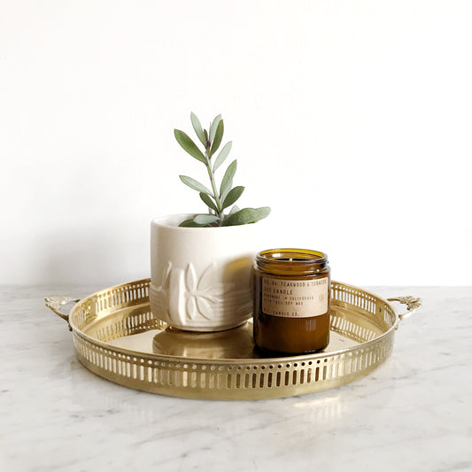 XL Vintage Brass Tray with Floral Handles, 13”
