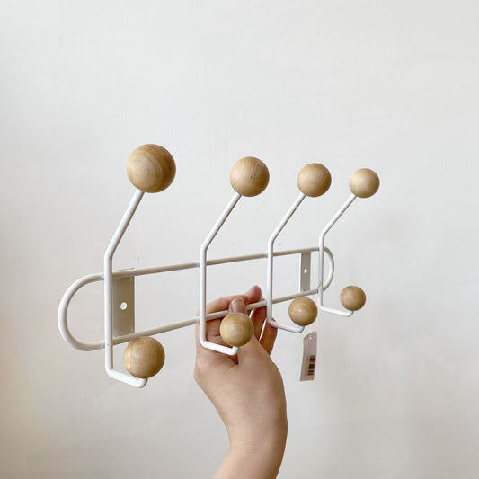 Vintage White Hook Rack with Wood Accents