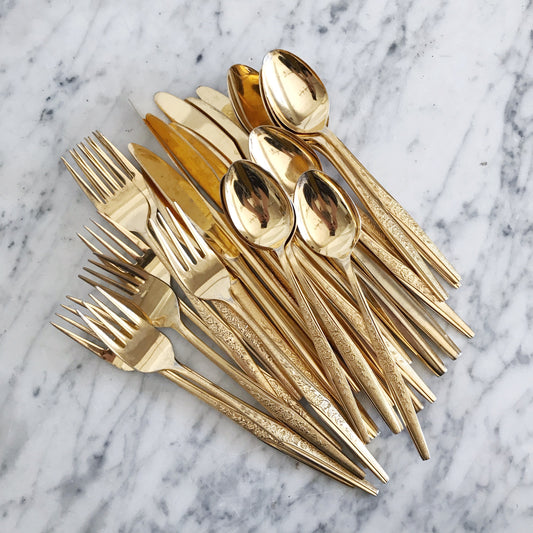 Vintage Gold Flatware, Floral Pattern, 28-piece