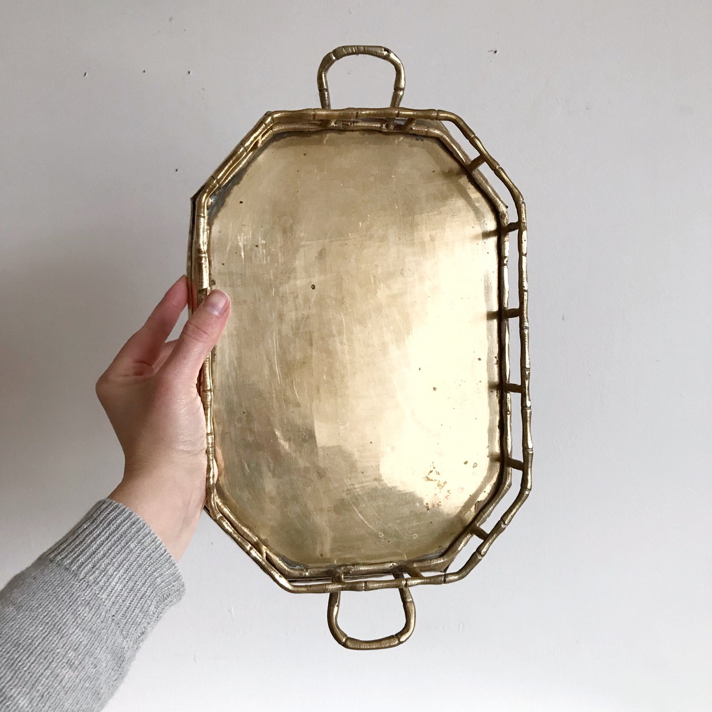 Large Vintage Rectangular Brass Tray with Railing