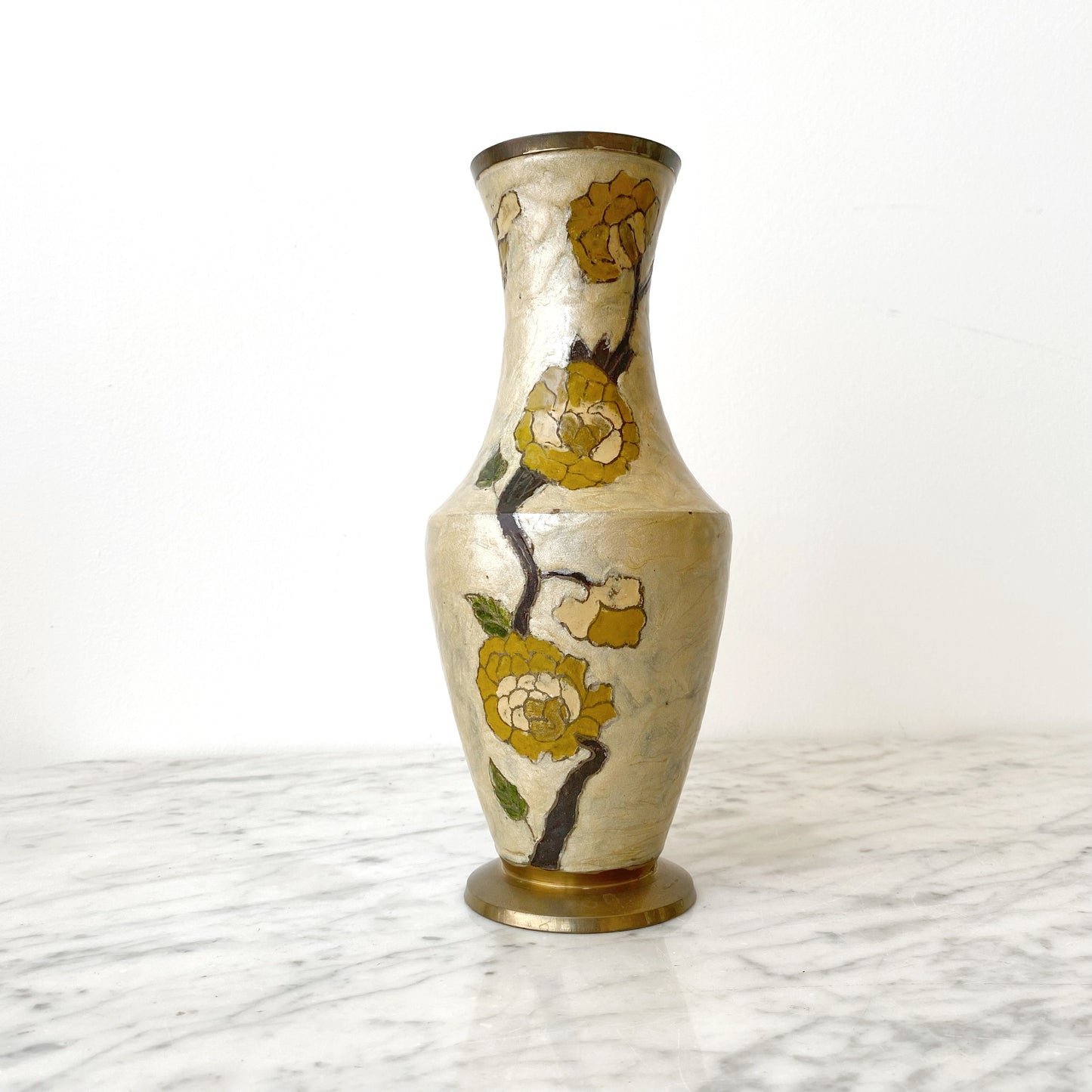 Large Vintage Enameled Brass Flower Vase