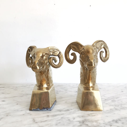 Pair of Vintage Brass Ram Head Bookends
