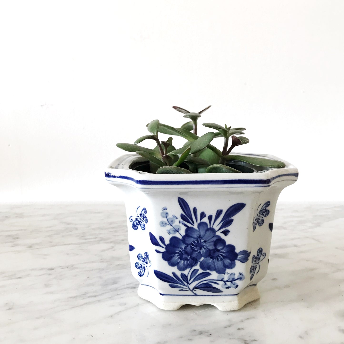 Vintage Ceramic Planter, Blue + White Floral