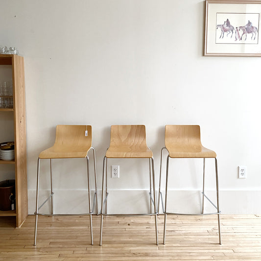 S/3 Contemporary Wood + Chrome Bar Stools