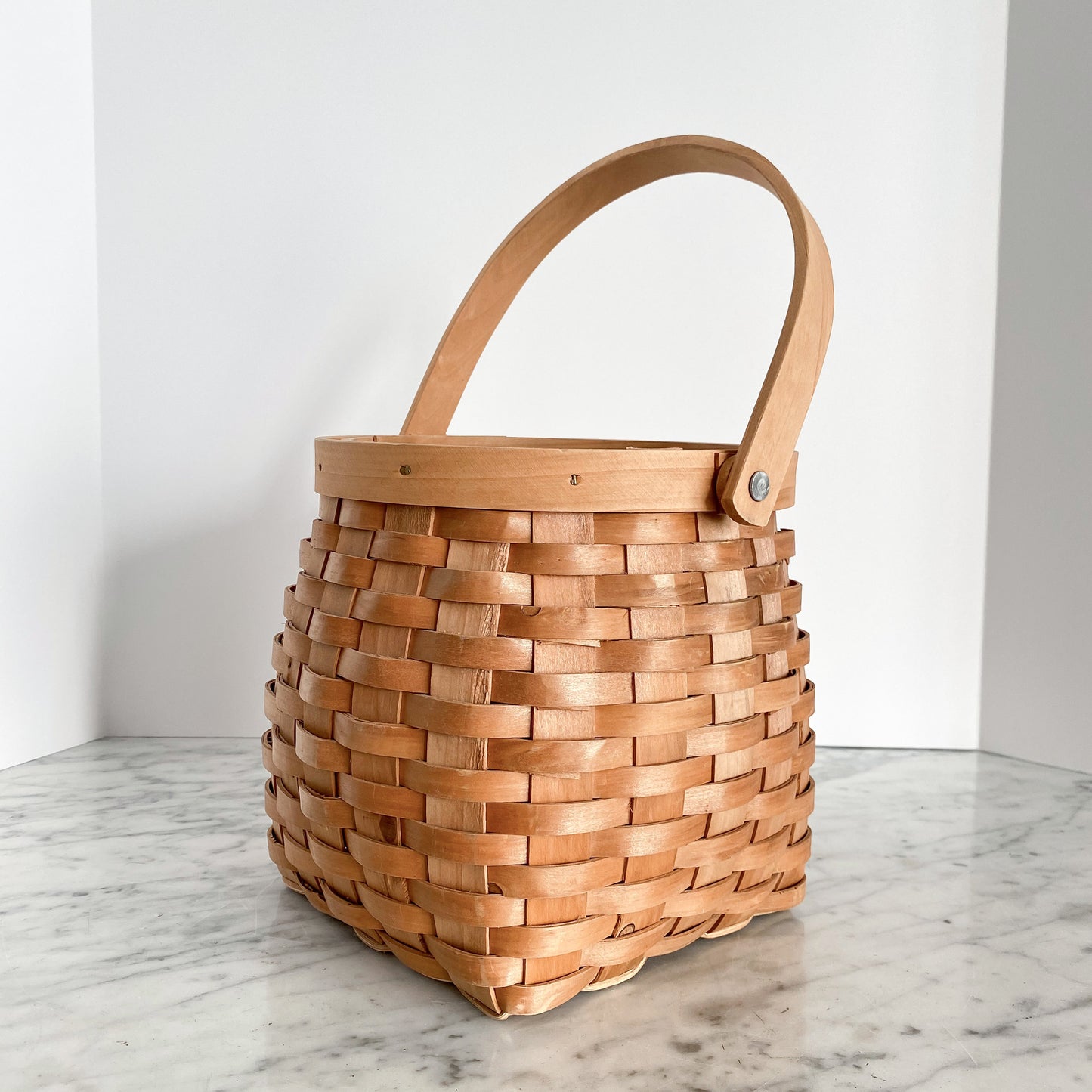 Vintage Woven Wood Basket with Handle
