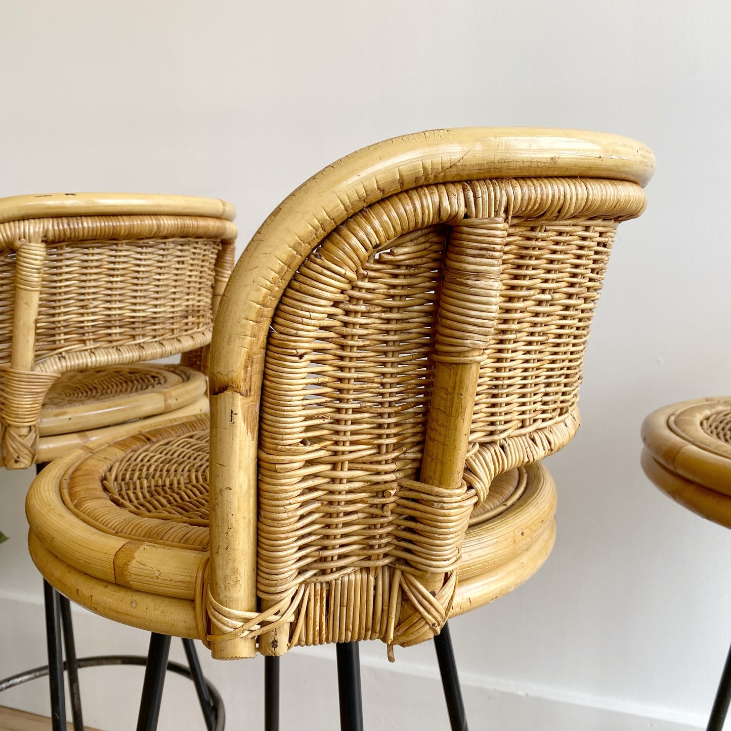 Set of 3 Vintage Mid-Century Wicker Barstools