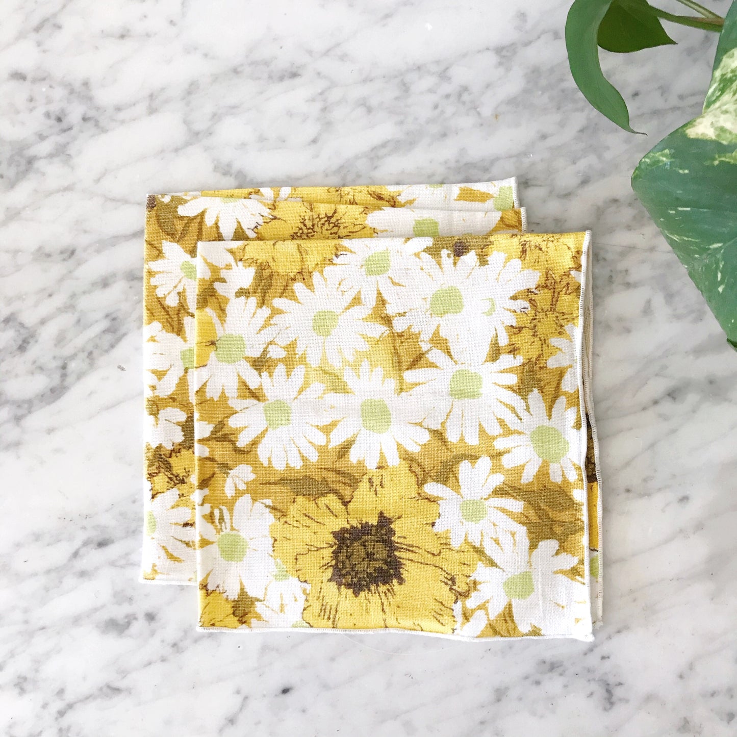 Pair of Vintage Linen Napkins, Yellow Floral