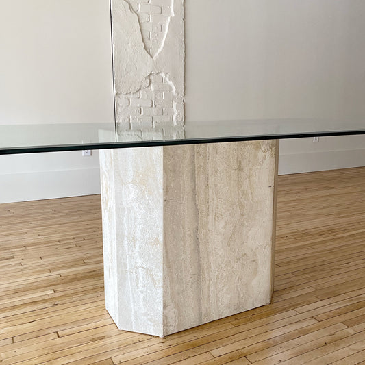 Vintage 7' Travertine Marble + Glass Dining Table