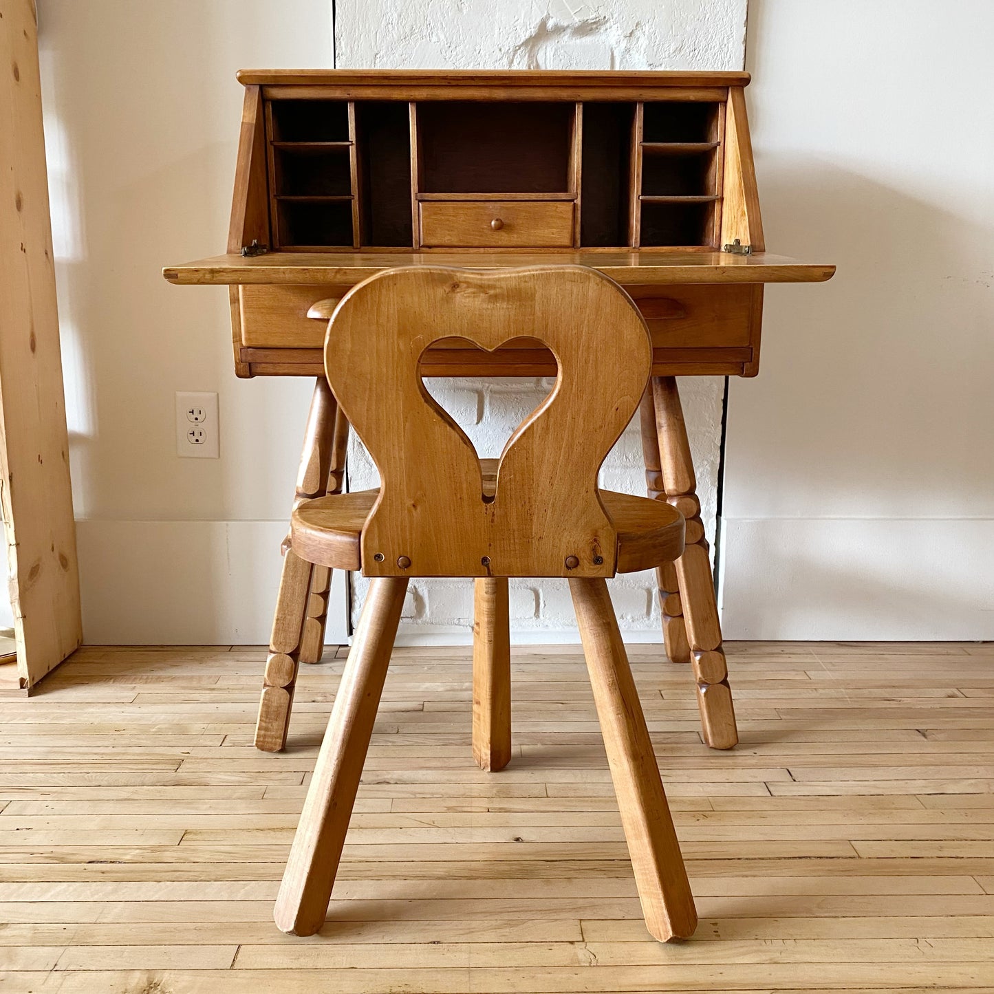 Vintage Folksy Wood Desk + Chair Set