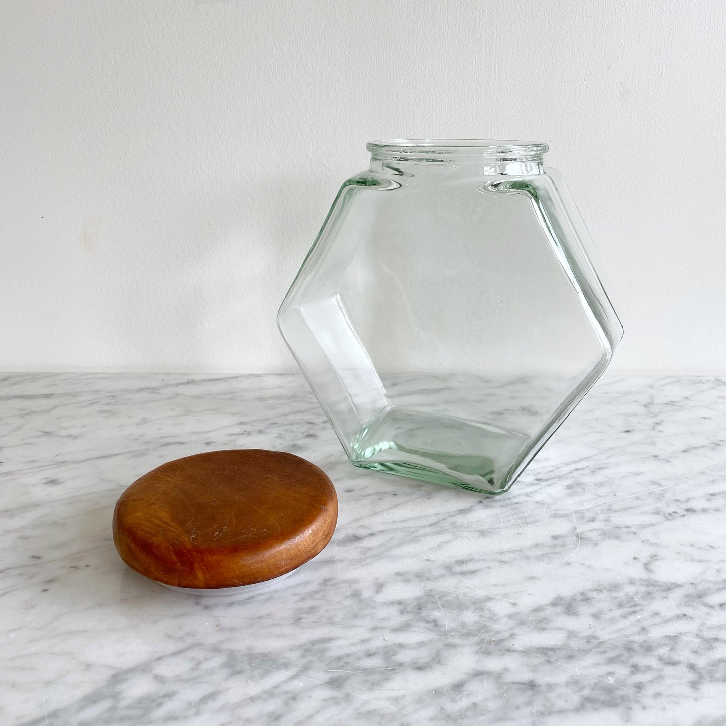 Vintage Glass Hexagon Container with Wood Lid