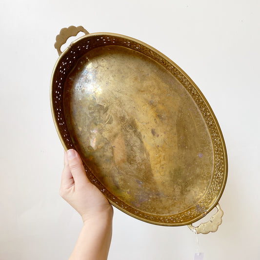 Large Vintage Oval Brass Tray with Floral Rim