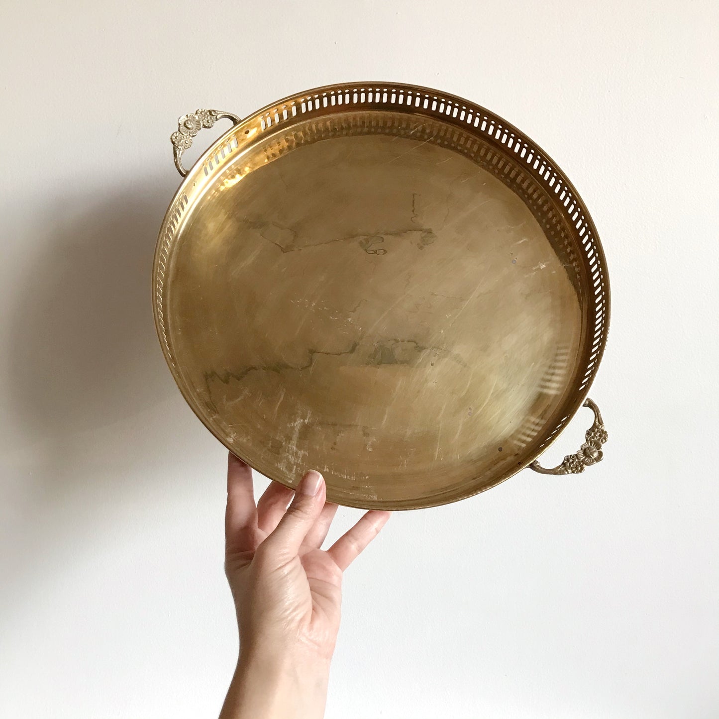 XL Vintage Brass Tray with Floral Handles, 13”