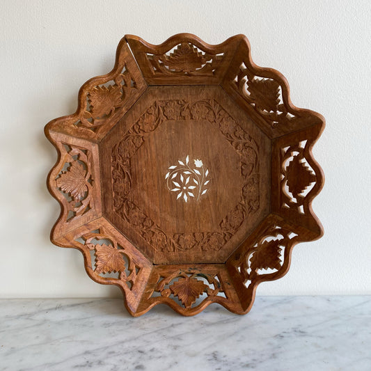 Vintage Wood Tray with Flower + Leaf Design