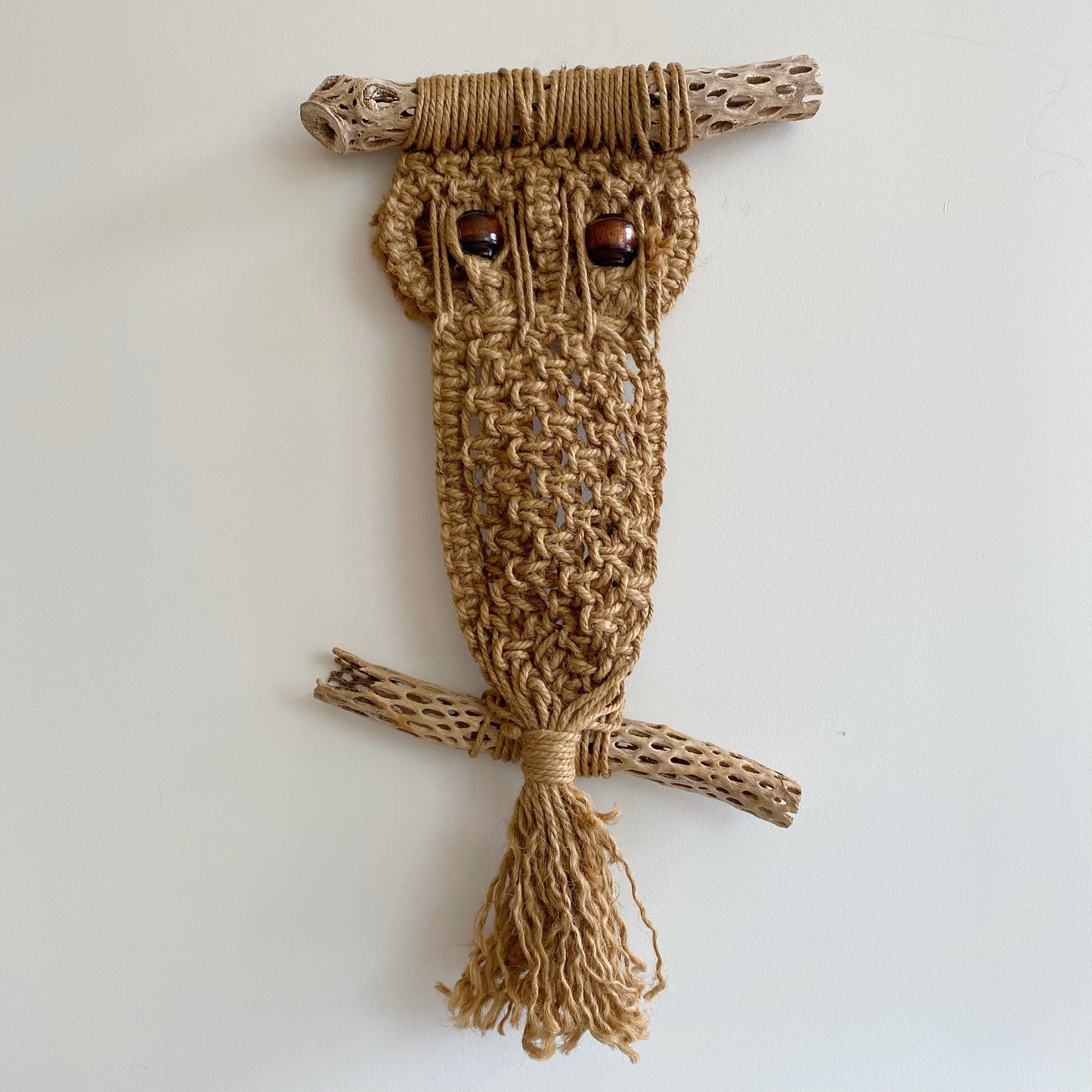 XL Vintage Macrame Owl with Dried Cactus