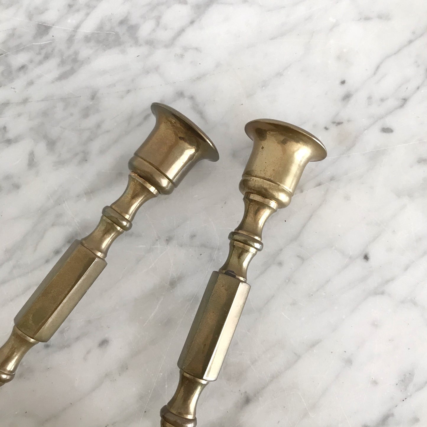 Pair of Vintage Brass Hex Candle Holders