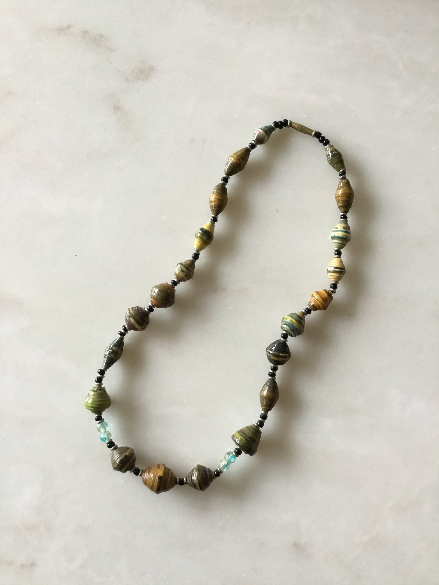 Paper Bead Necklace w Aquamarine Beads