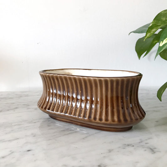 Vintage Ceramic Planter, Brown Ribbed