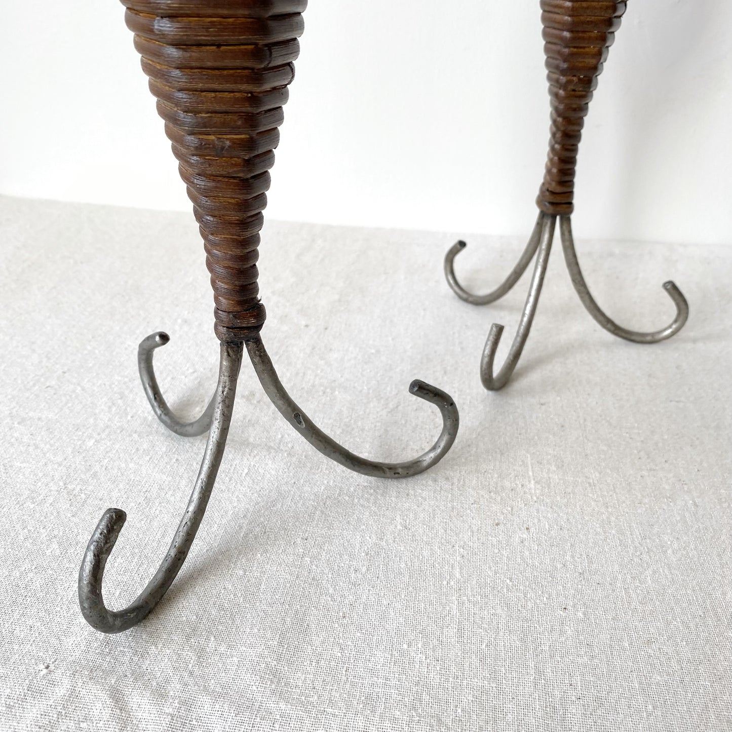 Pair of Vintage Wicker and Metal Candle Holders