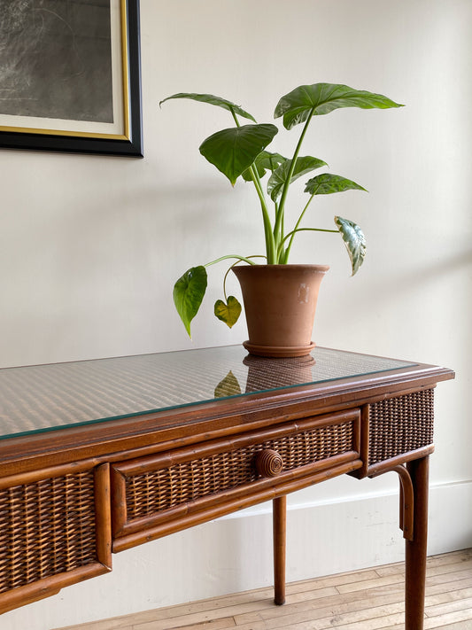 Dark Wicker Desk / Vanity with Glass Top