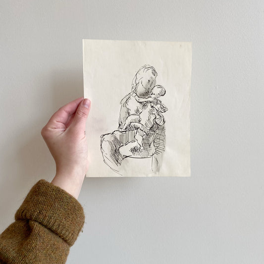 Vintage Original Ink Drawing, Woman + Child