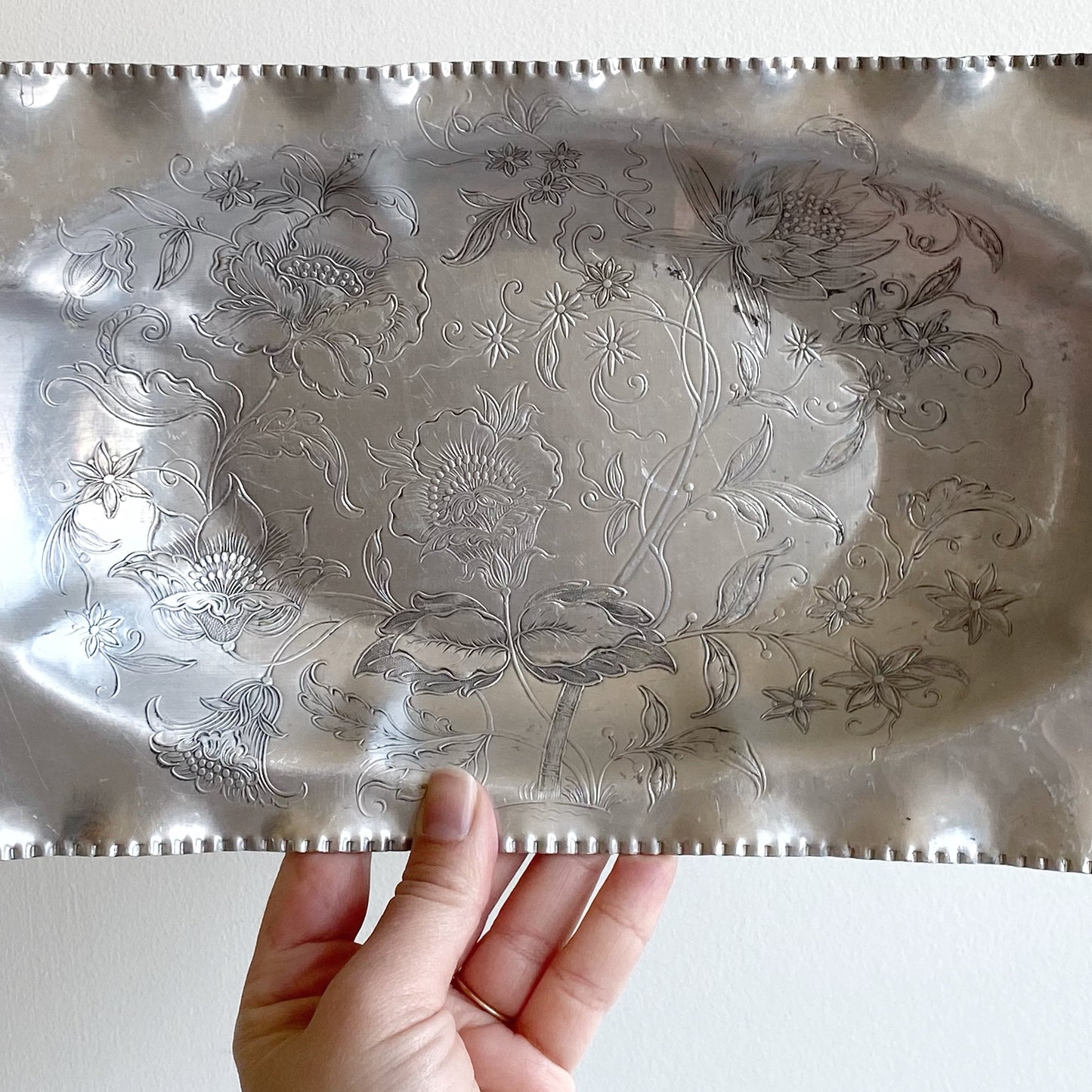 Vintage Decorative Etched Aluminum Tray / Dish