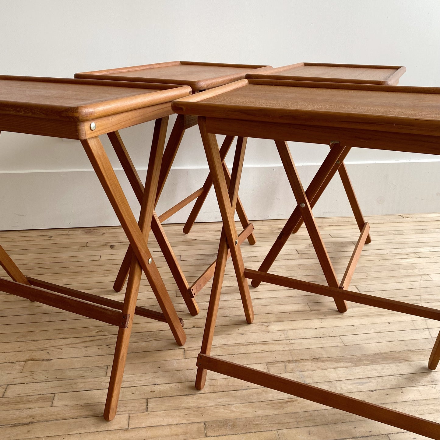 Set of 4 Vintage Teak Folding Trays with Stand