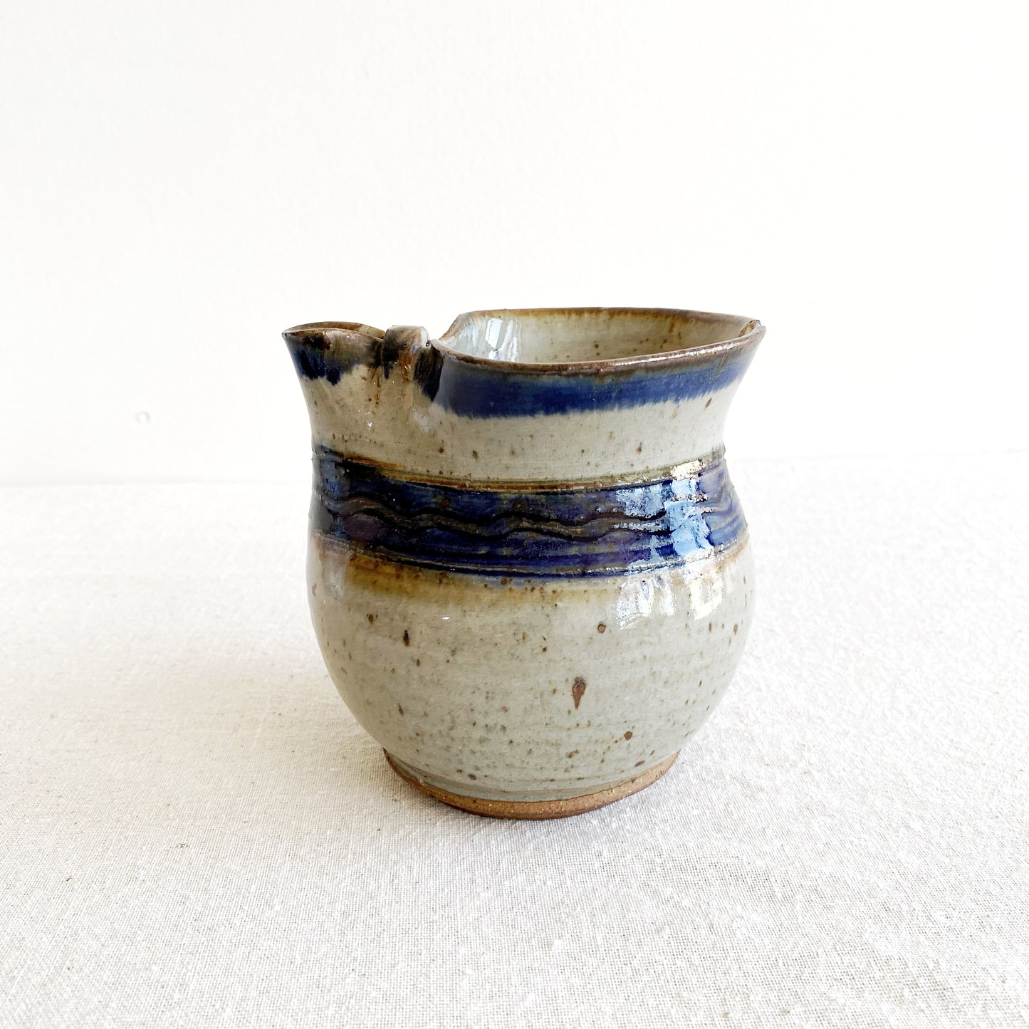 Vintage Handcrafted Stoneware Pitcher, Blue Stripe