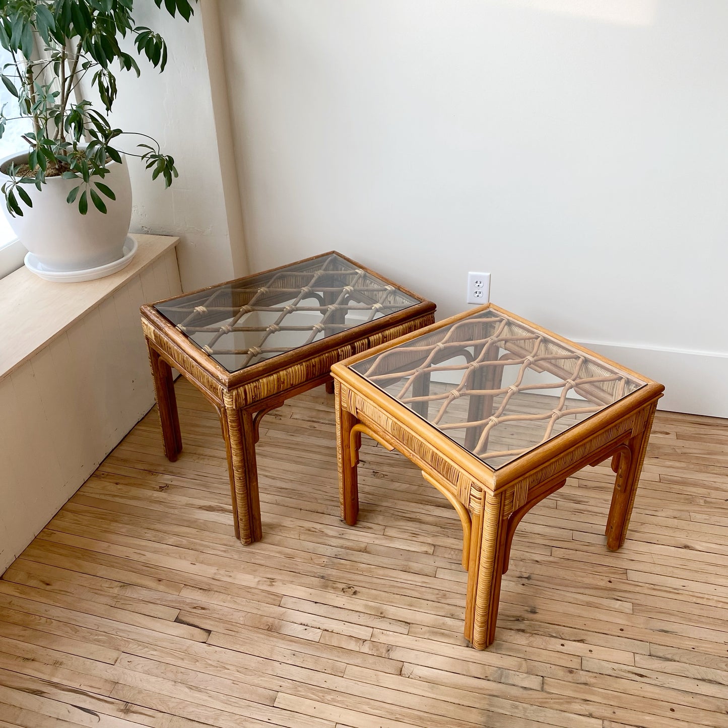 Vintage Rattan + Glass End Table / Side Table
