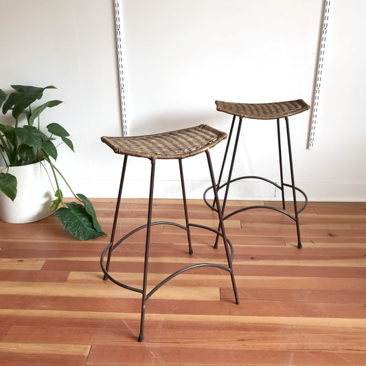 Pair of Vintage Wicker Stools, Attr. Arthur Umanoff