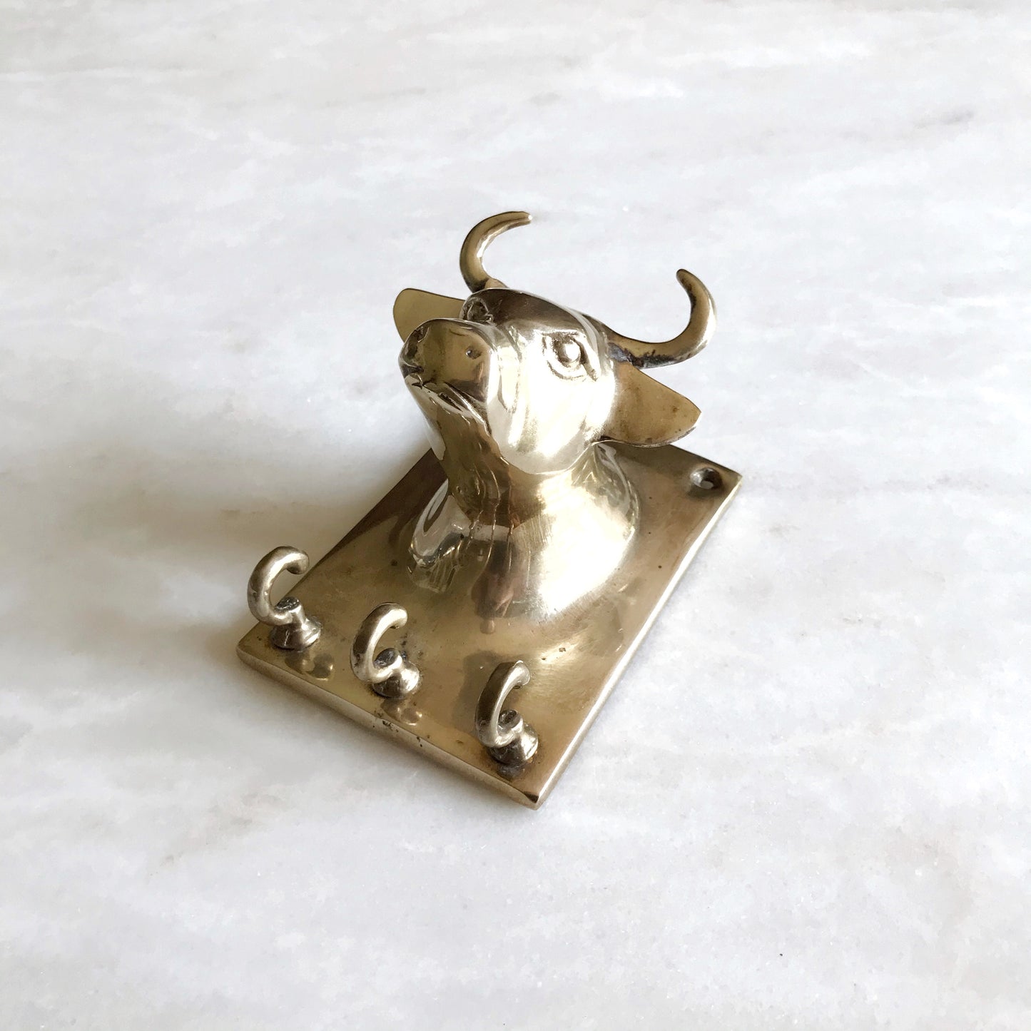 Vintage Brass Bull Wall Piece with Hooks