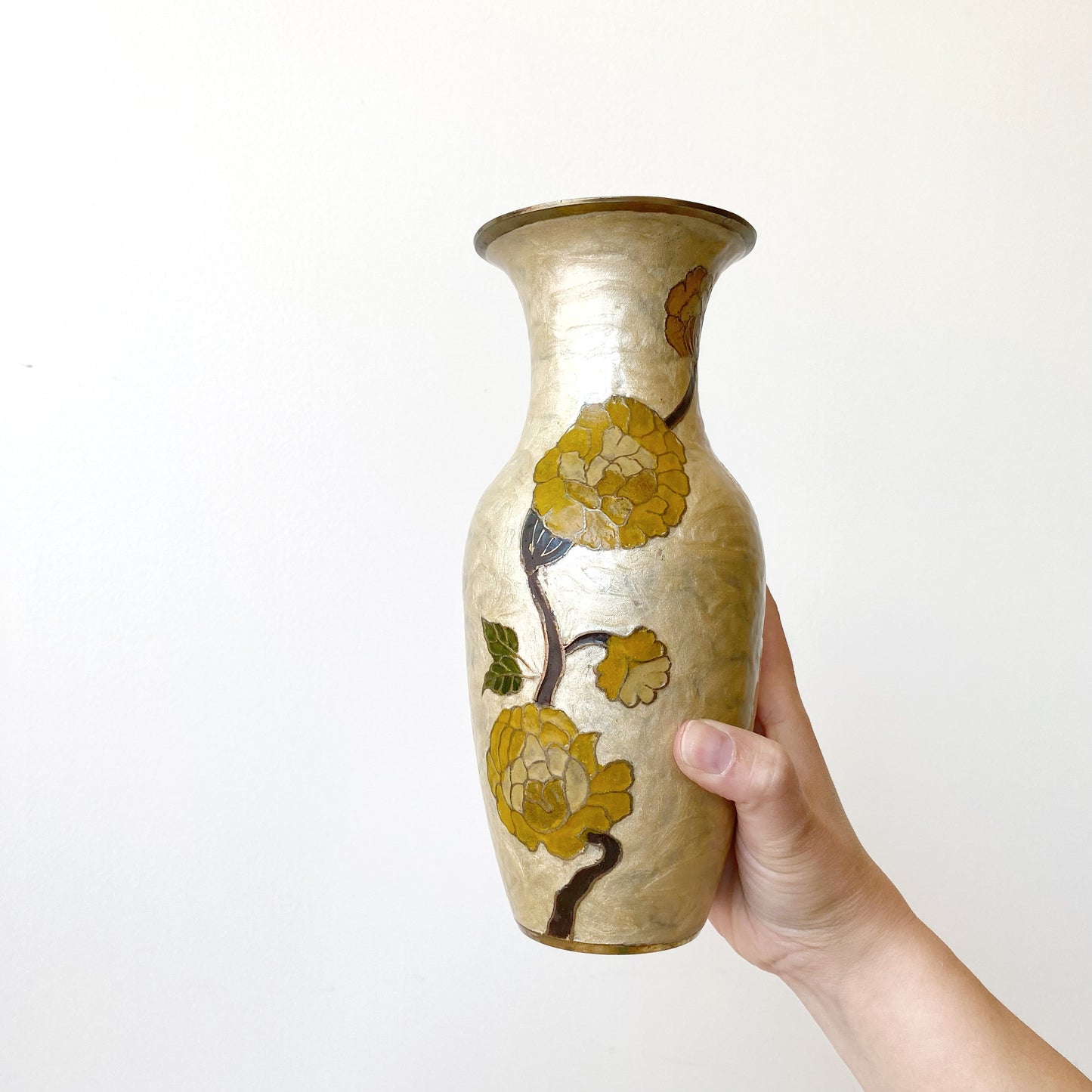 Large Vintage Enameled Brass Flower Vase