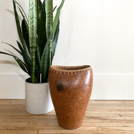 Oversized Vintage Clay Vase with Rattan Edge