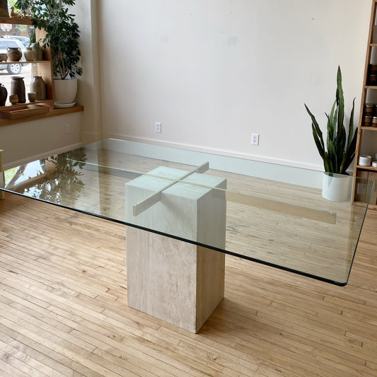 Vintage Italian Travertine + Glass Dining Table