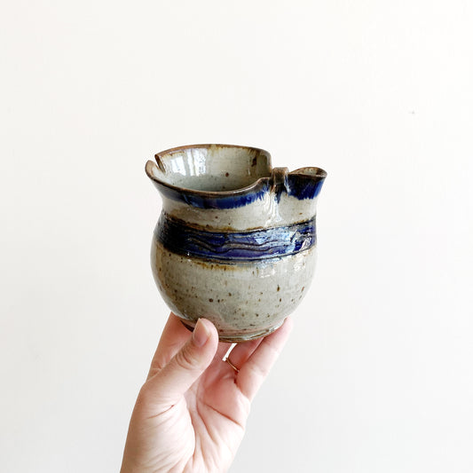 Vintage Handcrafted Stoneware Pitcher, Blue Stripe