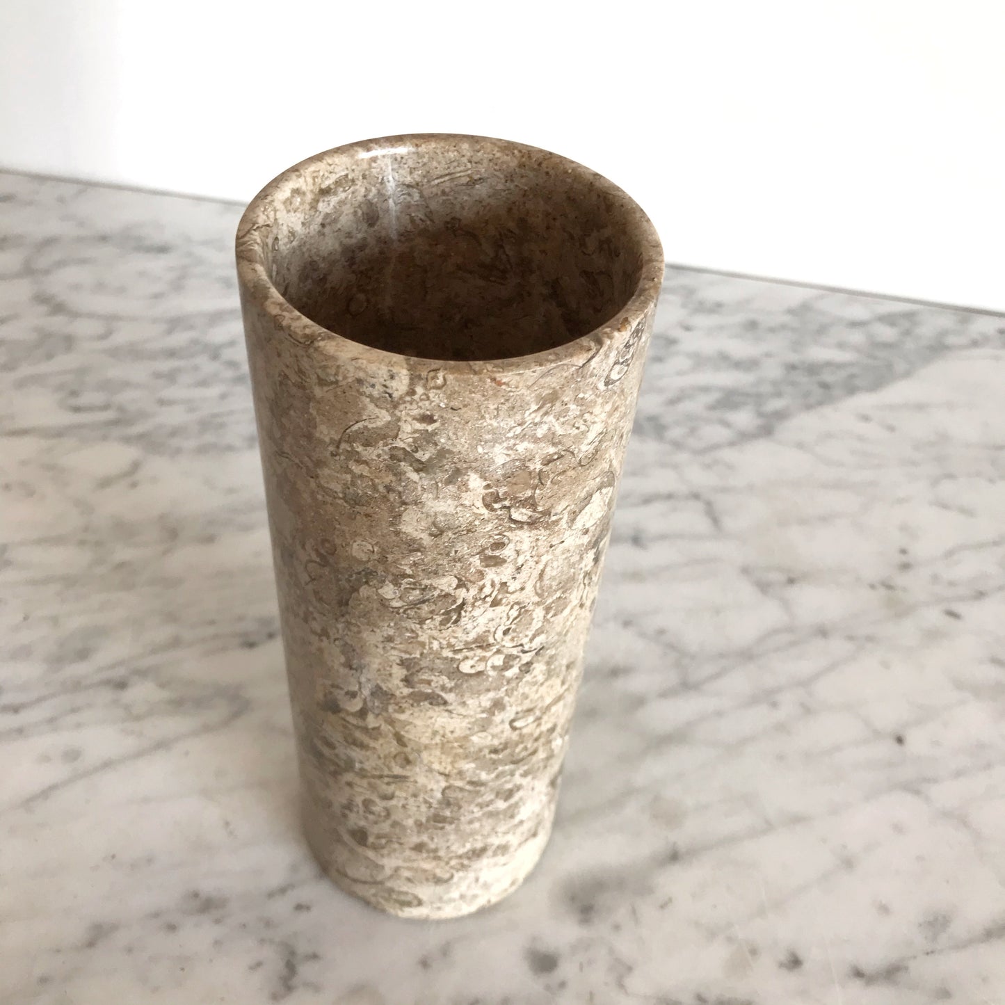 Single XL Polished Fossil Stone Cylinder Vase, 8"
