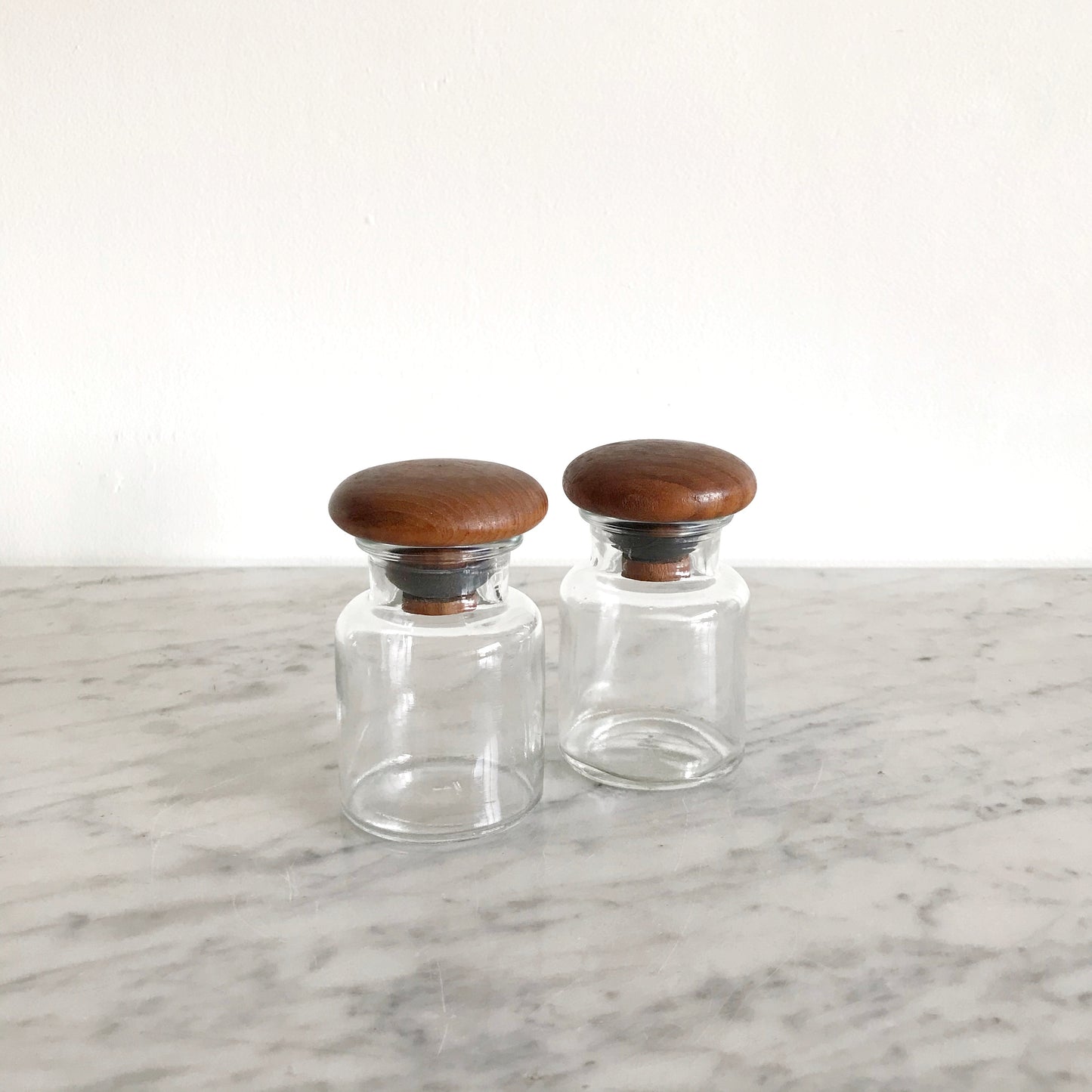 Pair of Vintage Glass Jars w Wooden Tops