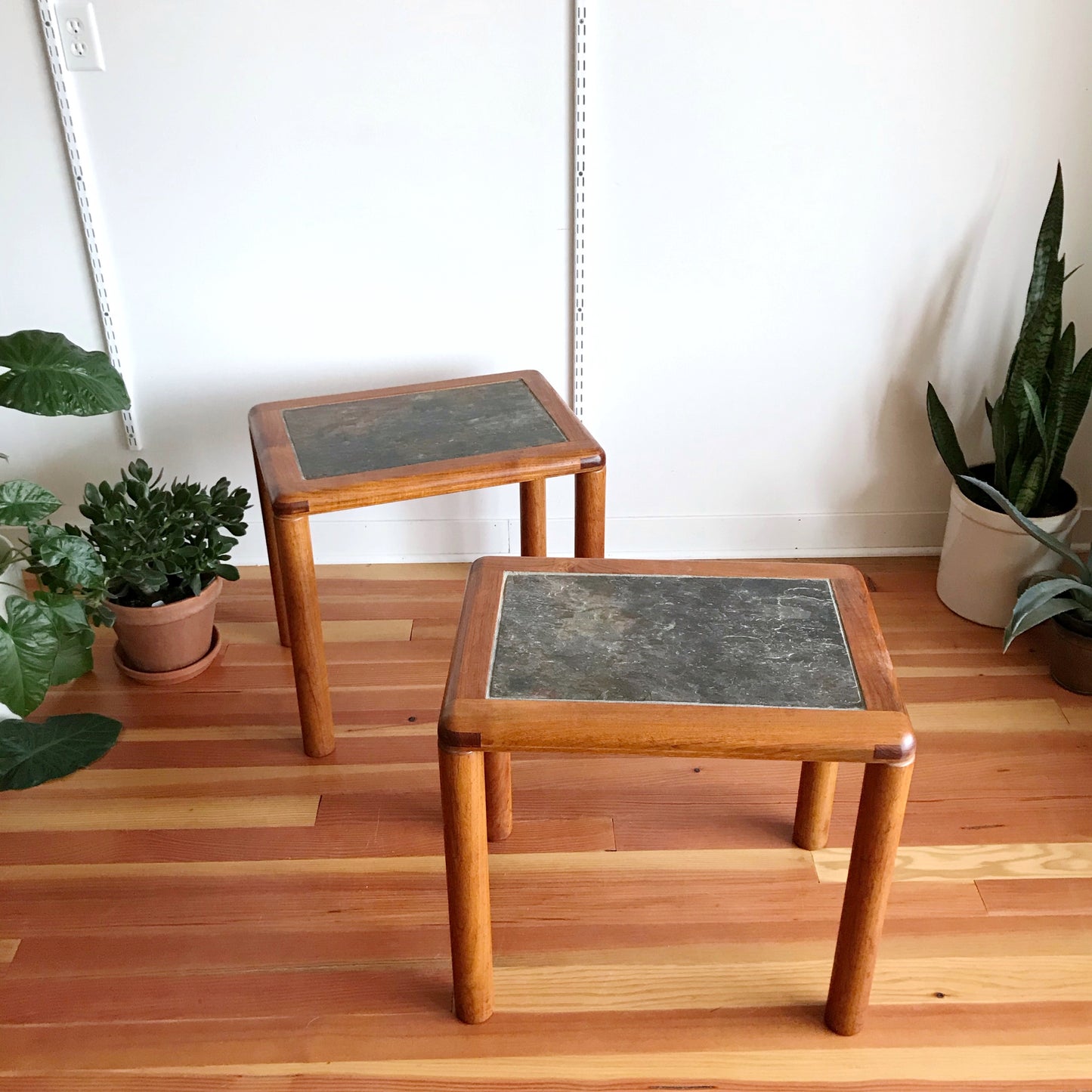 Pair of Danish Teak and Stone End Tables by Haslev