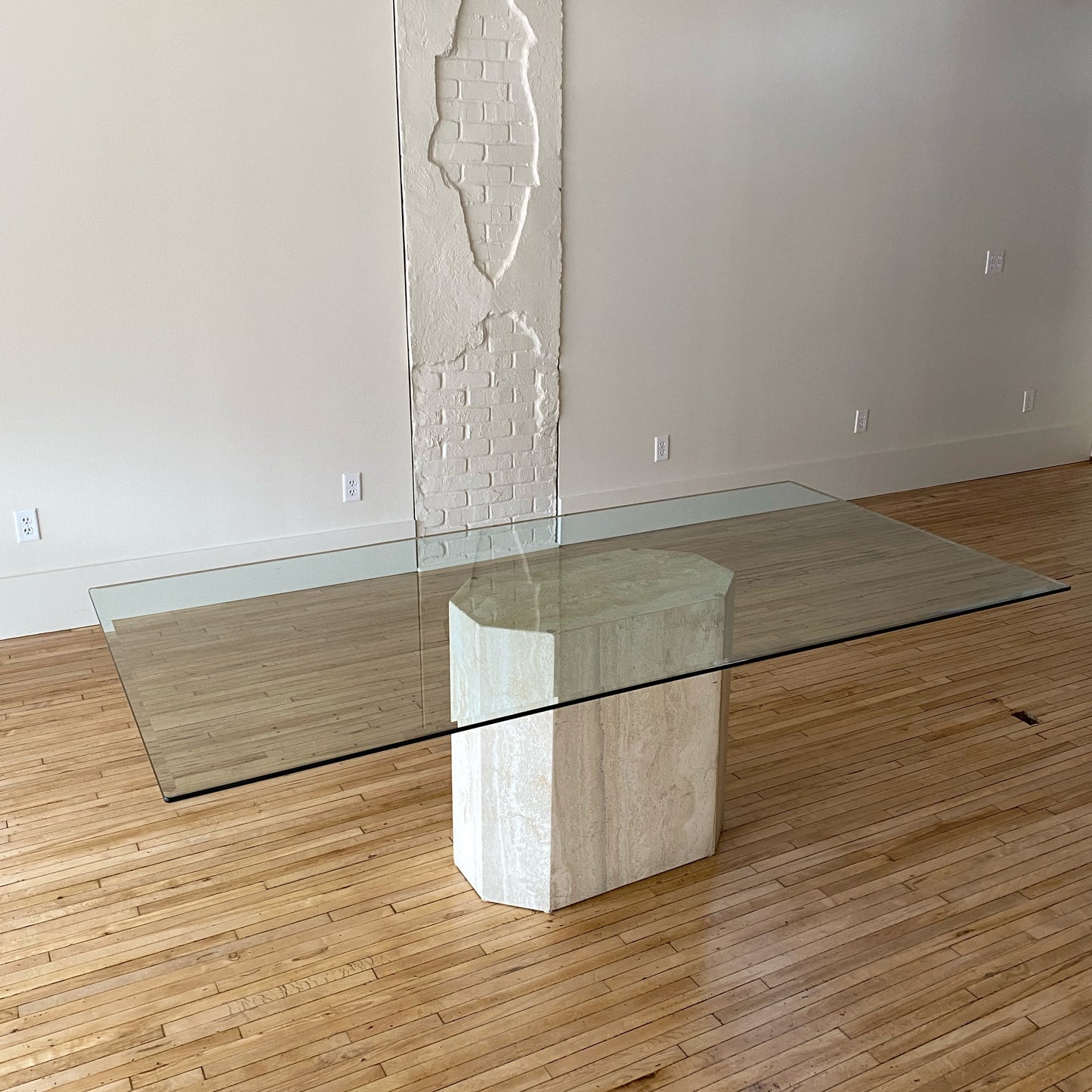 Vintage 7' Travertine Marble + Glass Dining Table