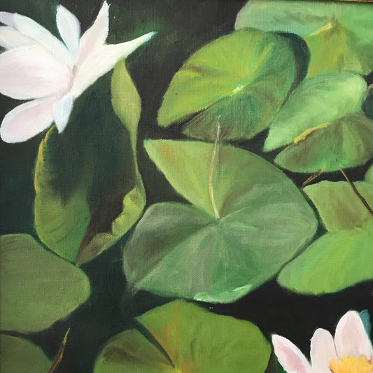 Large Original Vintage Painting, Water Lilies (37 x 27)