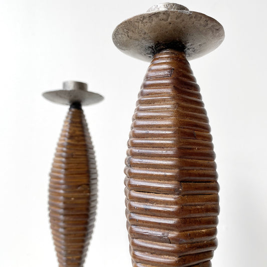 Pair of Vintage Wicker and Metal Candle Holders